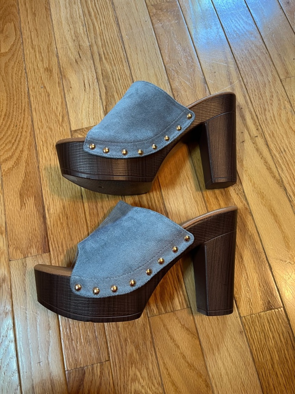 SHEIN Dusty Blue Suede Studded Platform Clog Mules Heels || Boho 70s Rock Whimsy